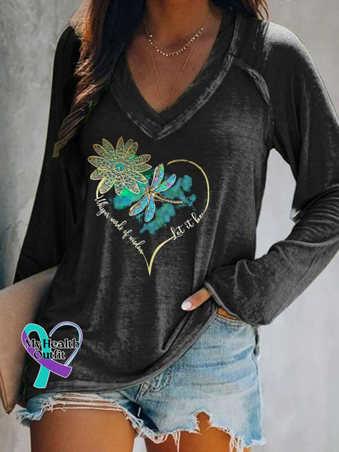 Women’s Whisper Wirds of Wisdow Let It Be Dragonfly Print V Neck Long Sleeve Tops Black / S