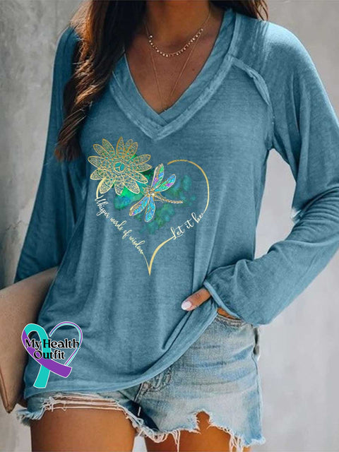 Women’s Whisper Wirds of Wisdow Let It Be Dragonfly Print V Neck Long Sleeve Tops Blue / S