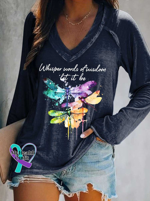 Women’s Whisper Wirds of Wisdow Let It Be Dragonfly Print V Neck Long Sleeve Tops Blue / S