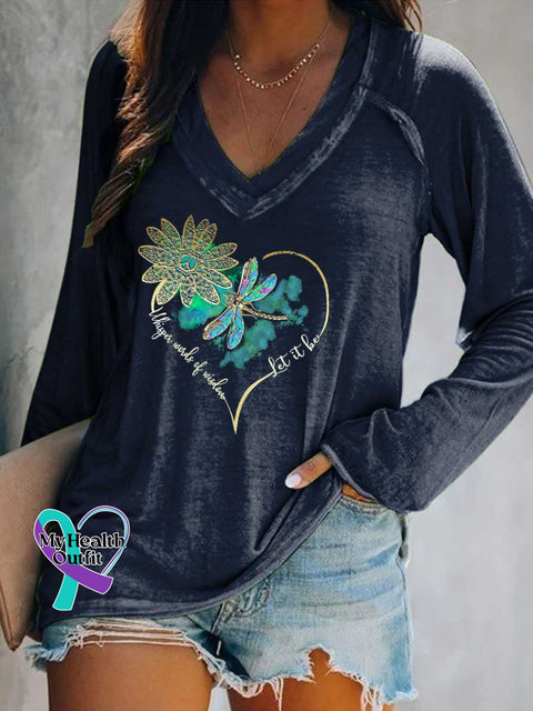 Women’s Whisper Wirds of Wisdow Let It Be Dragonfly Print V Neck Long Sleeve Tops DarkBlue / S