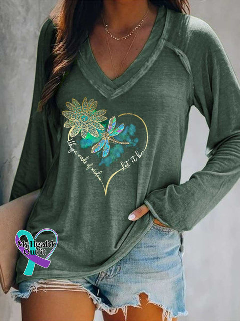 Women’s Whisper Wirds of Wisdow Let It Be Dragonfly Print V Neck Long Sleeve Tops DarkGreen / S