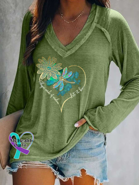 Women’s Whisper Wirds of Wisdow Let It Be Dragonfly Print V Neck Long Sleeve Tops Green / S