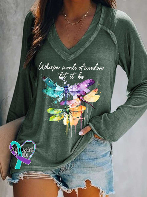 Women’s Whisper Wirds of Wisdow Let It Be Dragonfly Print V Neck Long Sleeve Tops Green / S