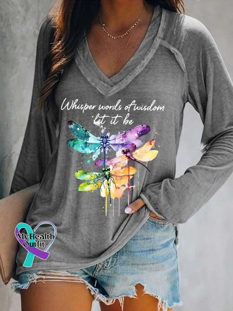 Women’s Whisper Wirds of Wisdow Let It Be Dragonfly Print V Neck Long Sleeve Tops Grey / S
