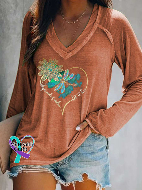 Women’s Whisper Wirds of Wisdow Let It Be Dragonfly Print V Neck Long Sleeve Tops Orange / S