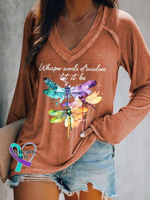 Women’s Whisper Wirds of Wisdow Let It Be Dragonfly Print V Neck Long Sleeve Tops Orange / S