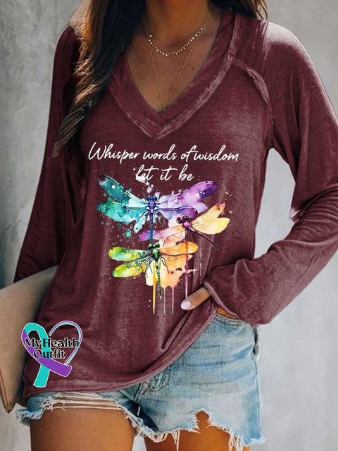Women’s Whisper Wirds of Wisdow Let It Be Dragonfly Print V Neck Long Sleeve Tops Red / S