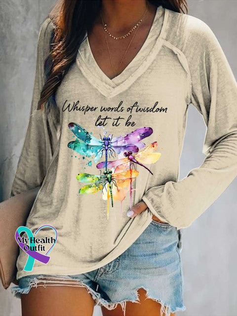 Women’s Whisper Wirds of Wisdow Let It Be Dragonfly Print V Neck Long Sleeve Tops Sand / S