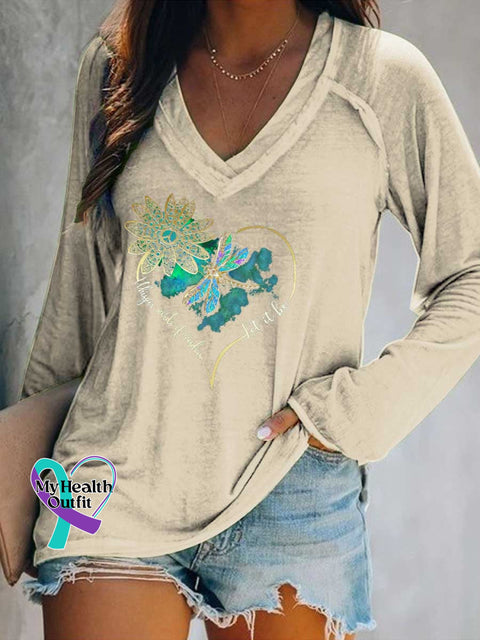 Women’s Whisper Wirds of Wisdow Let It Be Dragonfly Print V Neck Long Sleeve Tops Sand / S