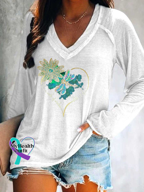 Women’s Whisper Wirds of Wisdow Let It Be Dragonfly Print V Neck Long Sleeve Tops White / S