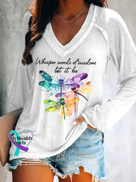 Women’s Whisper Wirds of Wisdow Let It Be Dragonfly Print V Neck Long Sleeve Tops White / S