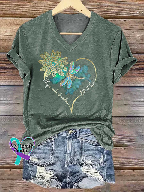 Women’s Whisper Wirds of Wisdow Let It Be Dragonfly V-neck Casual T-Shirt DarkGreen / S
