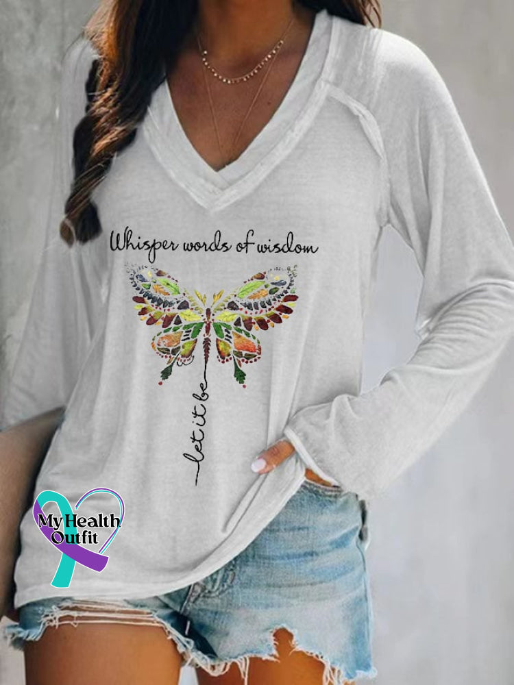Women’s Whisper Word Of Wisdom Let It Be Print V-Neck T-Shirt White / S