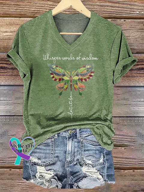 Women’s Whisper Word Of Wisdom Let It Be V-neck Casual T-Shirt Green / S