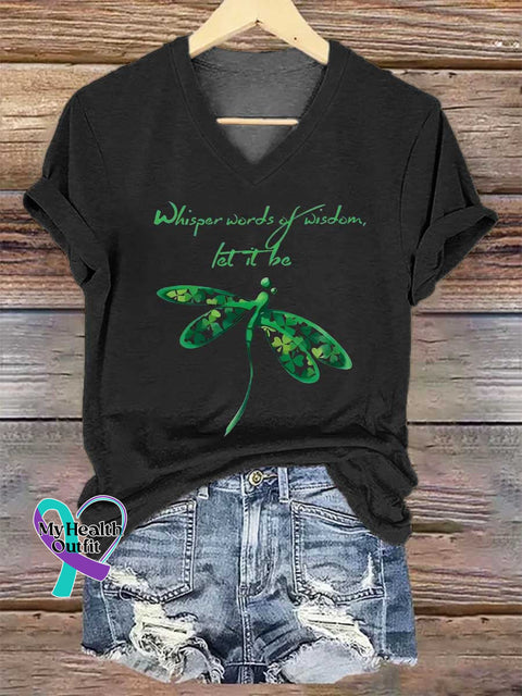 Women’s Whisper Words of Wisdem Let It Be Dragonfly V-neck Casual T-Shirt Black / S