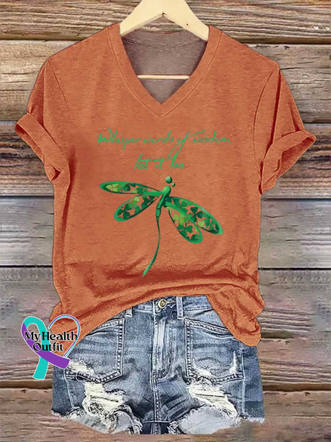 Women’s Whisper Words of Wisdem Let It Be Dragonfly V-neck Casual T-Shirt Orange / S