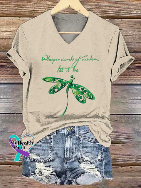 Women’s Whisper Words of Wisdem Let It Be Dragonfly V-neck Casual T-Shirt Sand / S