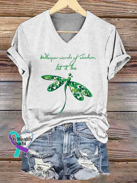 Women’s Whisper Words of Wisdem Let It Be Dragonfly V-neck Casual T-Shirt White / S