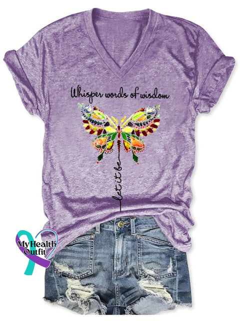 Women’s Whisper Words Of Wisdom Butterfly Printed Graphic V-Neck T-Shirt