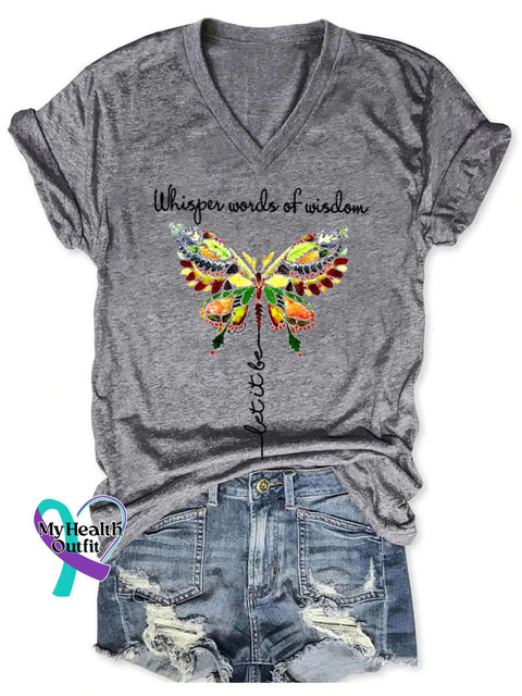 Women’s Whisper Words Of Wisdom Butterfly Printed Graphic V-Neck T-Shirt Grey / 2Xl