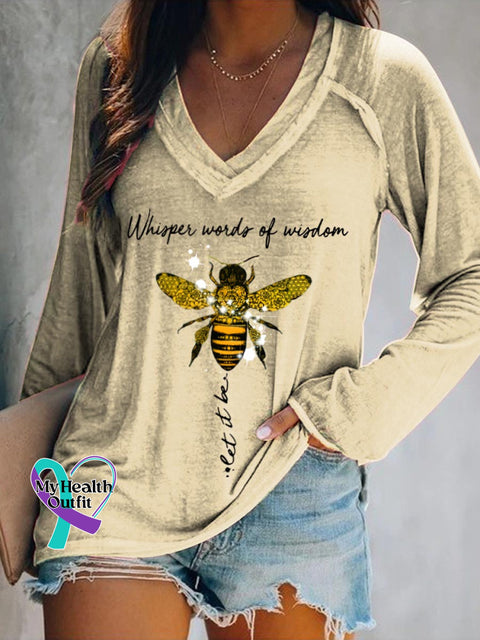 Women’s Whisper Words Of Wisdom Let It Be Art Print Casual V-Neck Long Sleeve Top Apricot / S