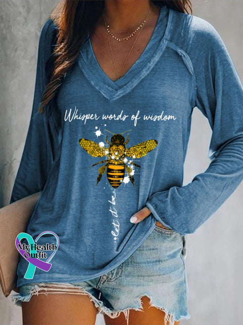 Women’s Whisper Words Of Wisdom Let It Be Art Print Casual V-Neck Long Sleeve Top Blue / S