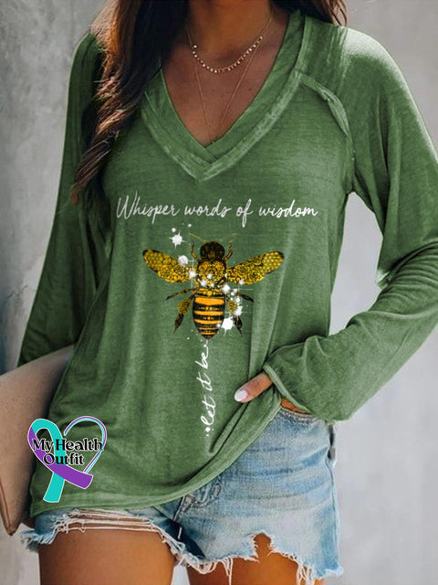 Women’s Whisper Words Of Wisdom Let It Be Art Print Casual V-Neck Long Sleeve Top Green / S