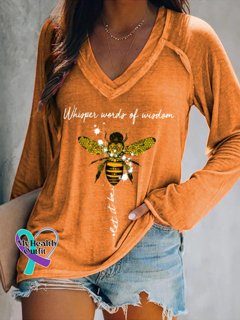 Women’s Whisper Words Of Wisdom Let It Be Art Print Casual V-Neck Long Sleeve Top Orange / S