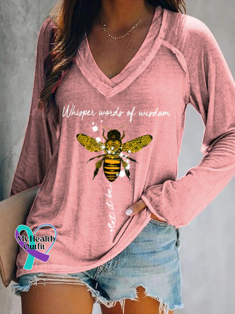 Women’s Whisper Words Of Wisdom Let It Be Art Print Casual V-Neck Long Sleeve Top Pink / S