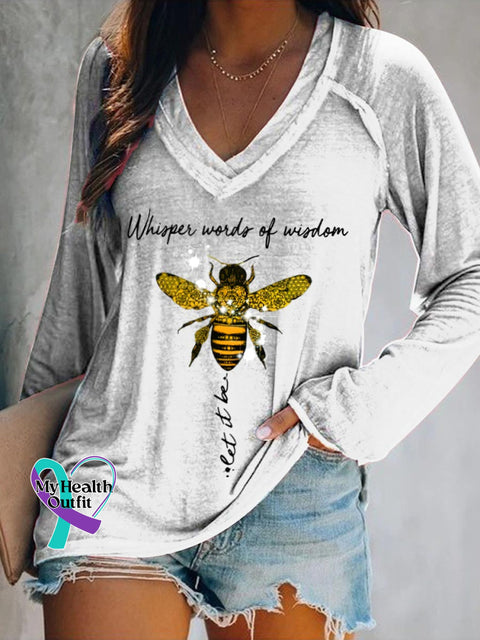 Women’s Whisper Words Of Wisdom Let It Be Art Print Casual V-Neck Long Sleeve Top White / S