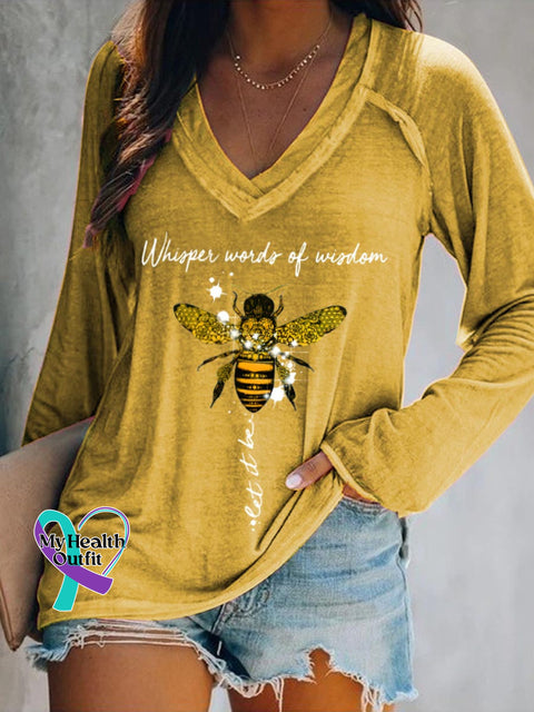 Women’s Whisper Words Of Wisdom Let It Be Art Print Casual V-Neck Long Sleeve Top Yellow / S