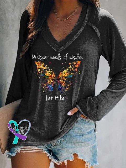 Women’s Whisper Words of Wisdom Let It Be Butterfly Print Casual V Neck Long Sleeve Tops Black / S