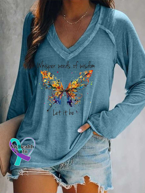 Women’s Whisper Words of Wisdom Let It Be Butterfly Print Casual V Neck Long Sleeve Tops Blue / S
