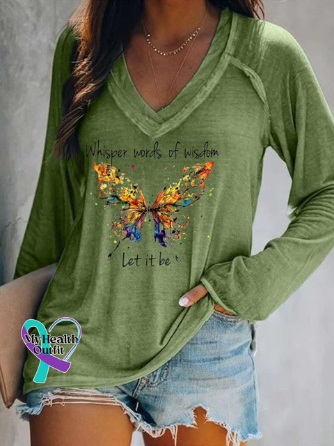 Women’s Whisper Words of Wisdom Let It Be Butterfly Print Casual V Neck Long Sleeve Tops Green / S