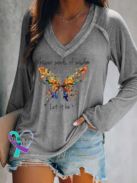 Women’s Whisper Words of Wisdom Let It Be Butterfly Print Casual V Neck Long Sleeve Tops