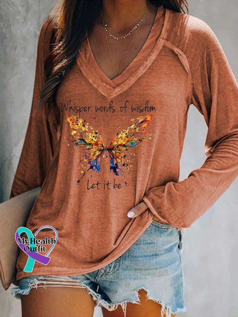 Women’s Whisper Words of Wisdom Let It Be Butterfly Print Casual V Neck Long Sleeve Tops Orange / S
