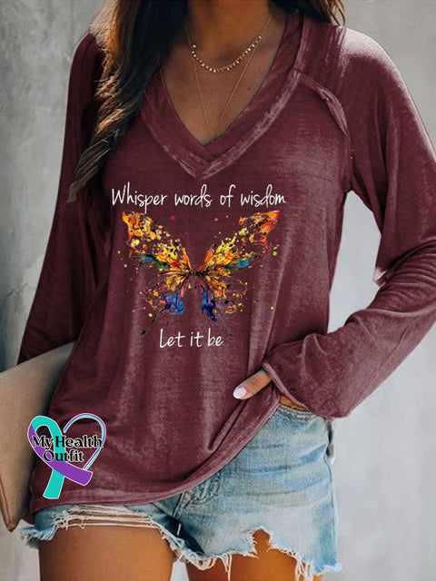 Women’s Whisper Words of Wisdom Let It Be Butterfly Print Casual V Neck Long Sleeve Tops