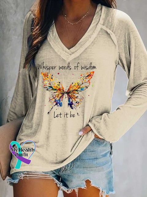 Women’s Whisper Words of Wisdom Let It Be Butterfly Print Casual V Neck Long Sleeve Tops Sand / S