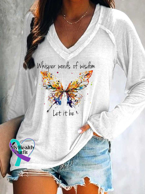 Women’s Whisper Words of Wisdom Let It Be Butterfly Print Casual V Neck Long Sleeve Tops White / S