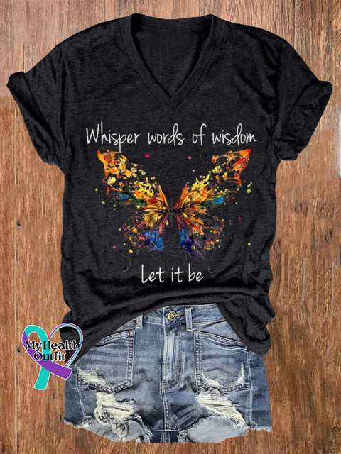 Women’s Whisper Words Of Wisdom Let It Be Butterfly V-Neck Casual T-Shirt Black / S