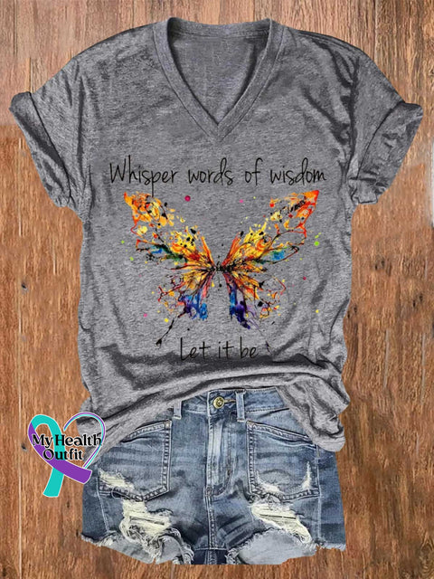 Women’s Whisper Words Of Wisdom Let It Be Butterfly V-Neck Casual T-Shirt Grey / S