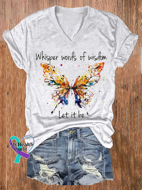 Women’s Whisper Words Of Wisdom Let It Be Butterfly V-Neck Casual T-Shirt White / S