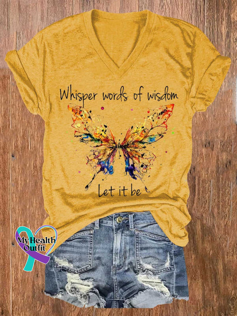 Women’s Whisper Words Of Wisdom Let It Be Butterfly V-Neck Casual T-Shirt Yellow / S