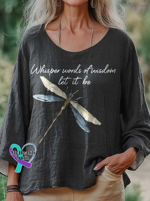 Women’s Whisper Words Of Wisdom Let It Be Dragonfly Print Casual Cotton And Linen Shirt Black / S