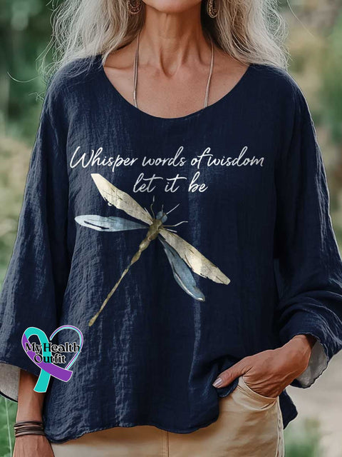 Women’s Whisper Words Of Wisdom Let It Be Dragonfly Print Casual Cotton And Linen Shirt Blue / S
