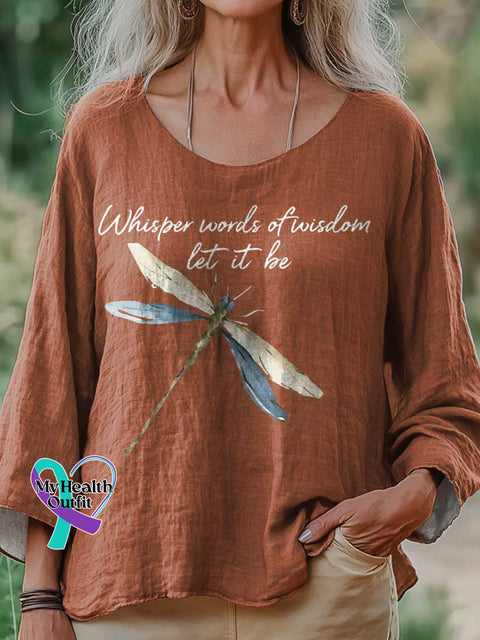 Women’s Whisper Words Of Wisdom Let It Be Dragonfly Print Casual Cotton And Linen Shirt Orange / S