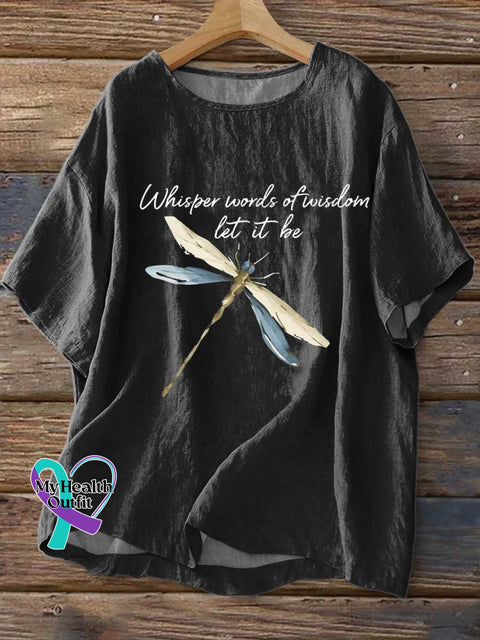 Women’s Whisper Words of Wisdom Let It Be Dragonfly Print Casual Linen Crew Neck Shirt Black / S