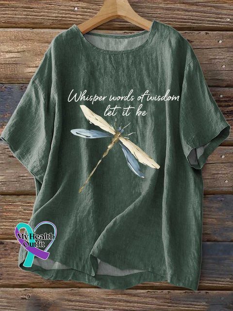 Women’s Whisper Words of Wisdom Let It Be Dragonfly Print Casual Linen Crew Neck Shirt Green / S