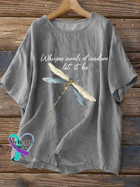 Women’s Whisper Words of Wisdom Let It Be Dragonfly Print Casual Linen Crew Neck Shirt Grey / S