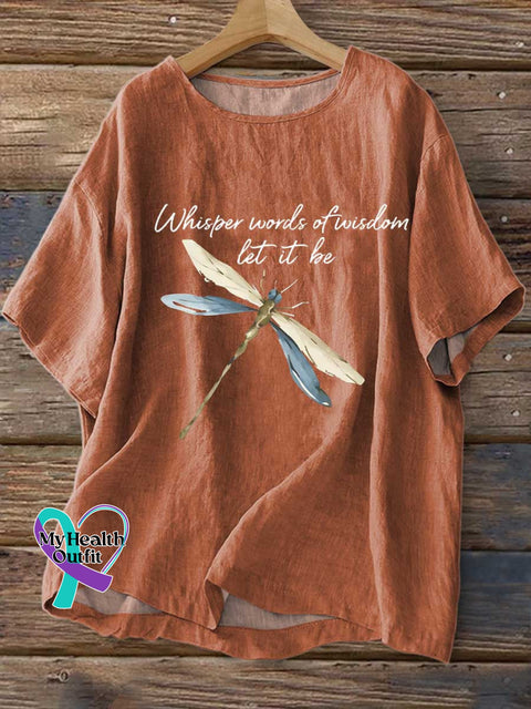 Women’s Whisper Words of Wisdom Let It Be Dragonfly Print Casual Linen Crew Neck Shirt Orange / S